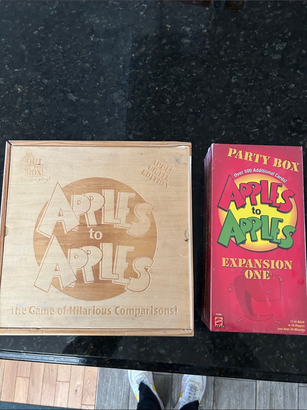 Apples to Apples Board Game in original wooden box with new Expansion One Pack